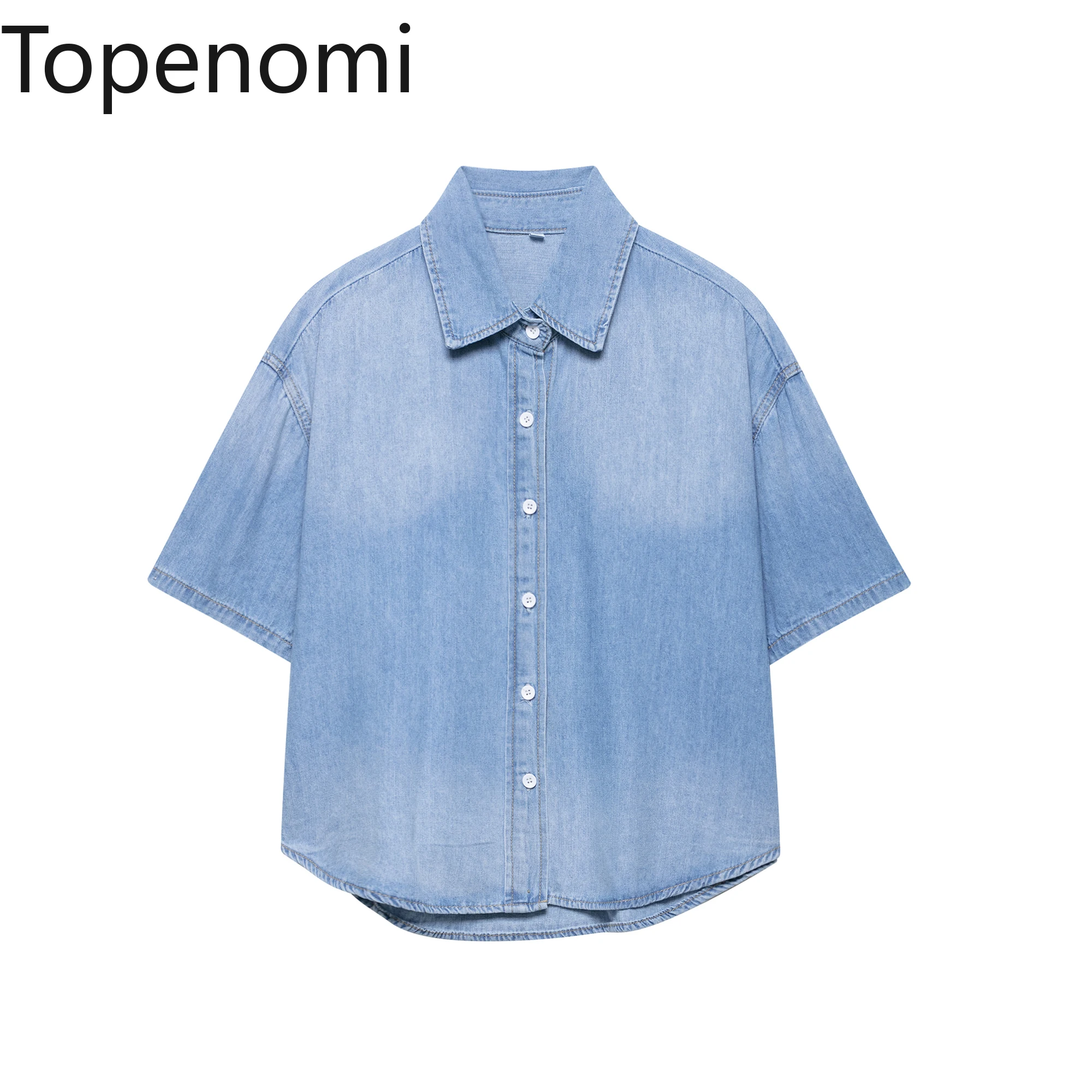 

Topenomi Short Sleeve Denim Shirt Women 2025 Summer Lapel Single Breasted Basic Short Blouses Vintage Casual Versatile Tops New