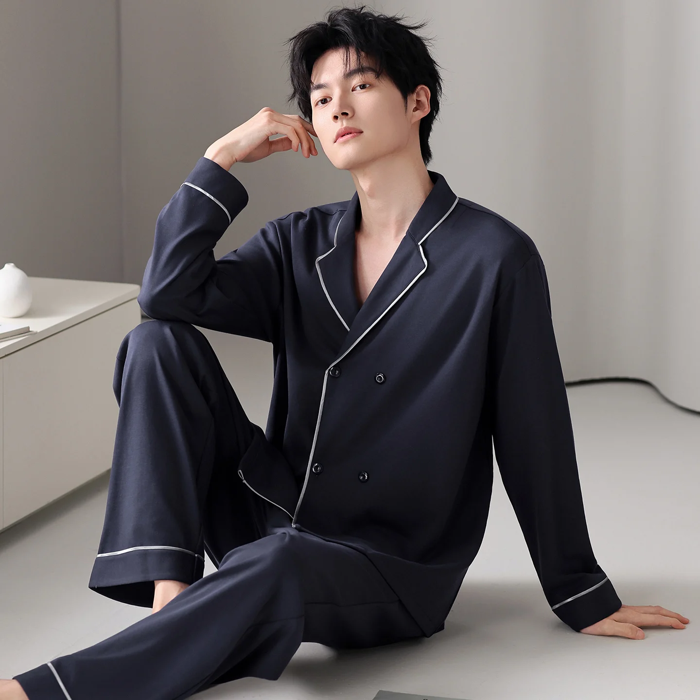 Spring Two Pieces Set Men Sleepwear Cotton Yukata Pajamas V-Neck Cardigan Japanese Kimonos Male Long Sleeve Homewear Men Pyjamas