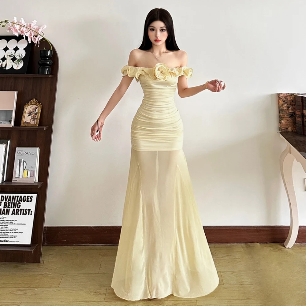 SylCue Slash Neck Skirt Suit 3D Flower Hip-Wrapped Dresses+Mesh Comfortable Breathable Skirts French Elegant Style Streetwear