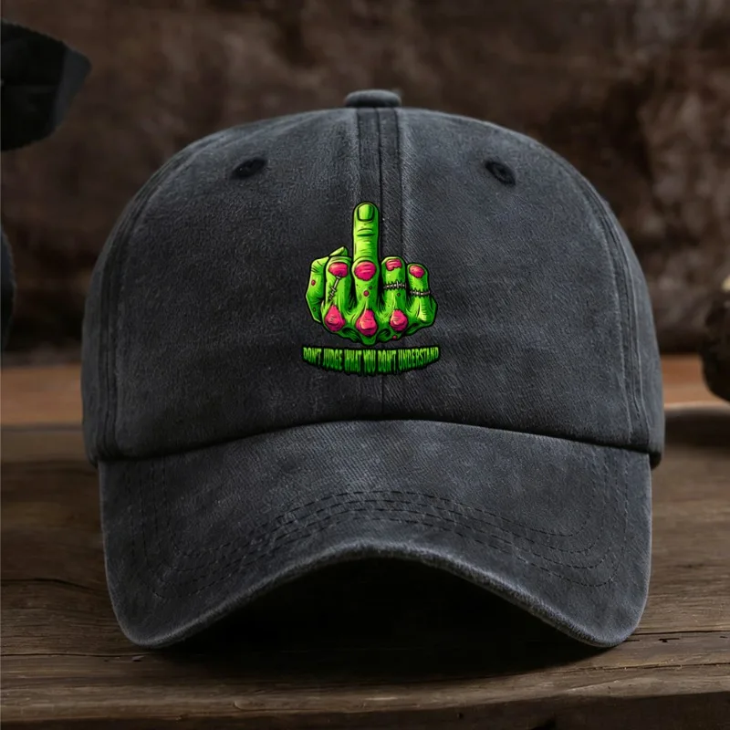 Unisex Washed Baseball Hat Zombie Middle‑Finger PrintAdjustable Back Strap Casual Headwear for Halloween Costume Street Outfit