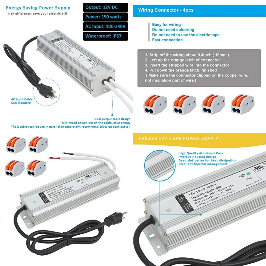 UL Recognized 12V LED Driver 150W Power Supply AC to DC Converter Waterproof IP67 Transformer with 3 Prong Plug, 120V AC to 12V