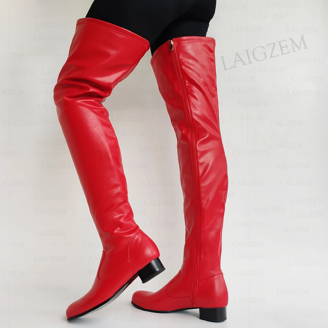 

LAIGZEM Women Over Knee High Boots Round Toe Full Side Zipper Low Heels Boots Handmade Unisex Shoes Woman Big Size 41 43 46 48