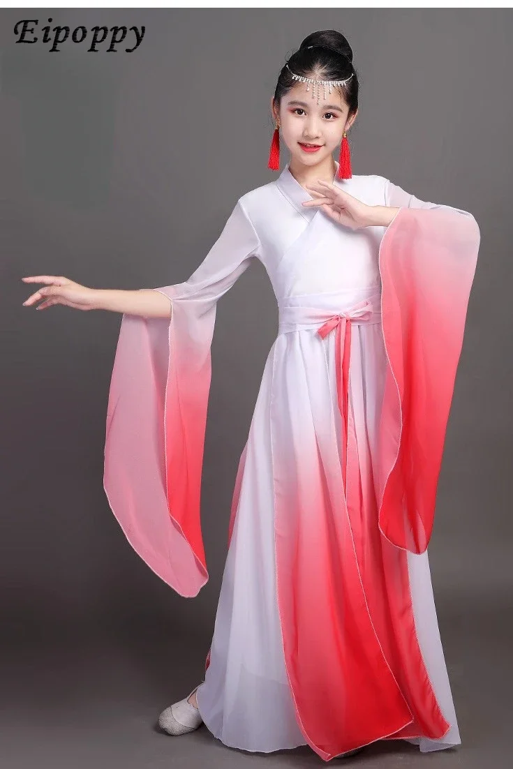 Children's Guzheng Performance Costume Long White Silk Sleeves Chinese Classical Dance Han Chinese Clothing Performance Wear