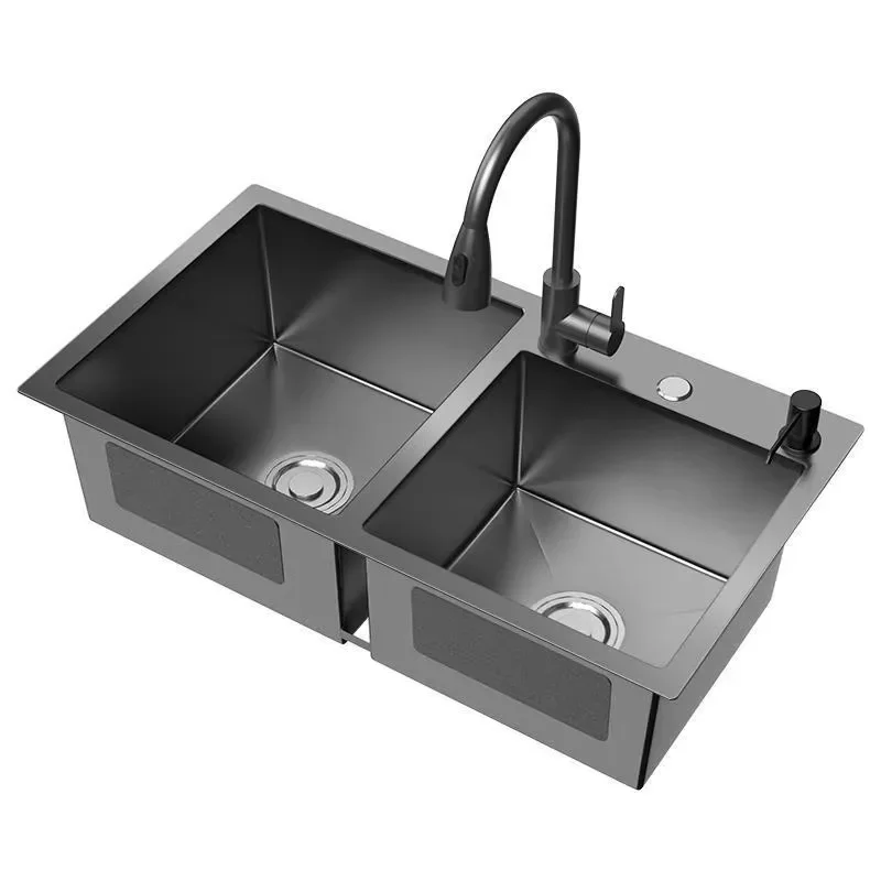 to Kitchen Household Single Bowl Faucet Double Slot Handmade 304 Stainless Steel Black Nano Thickened Including Drain