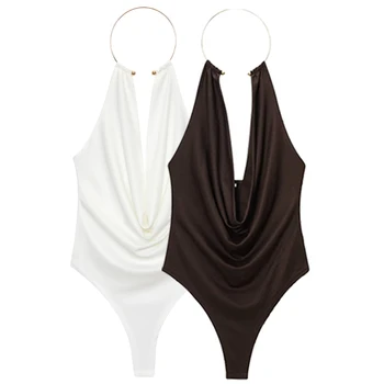 HXAO Brown Halter Bodysuit Women Summer Bodys For Sexy Women Off Shoulder Sleeveless Thong Bodysuit With Open Back Rave Bodysuit 2