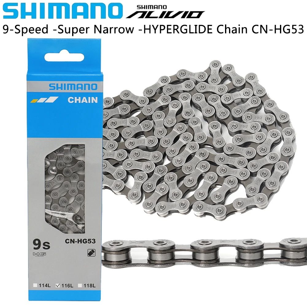 

Велосипедная цепь SHIMANO Alivio CN HG53, 9-скоростная 116L цепь для горного велосипеда, суперузкая гиперскользящая цепь, запчасти для велосипеда