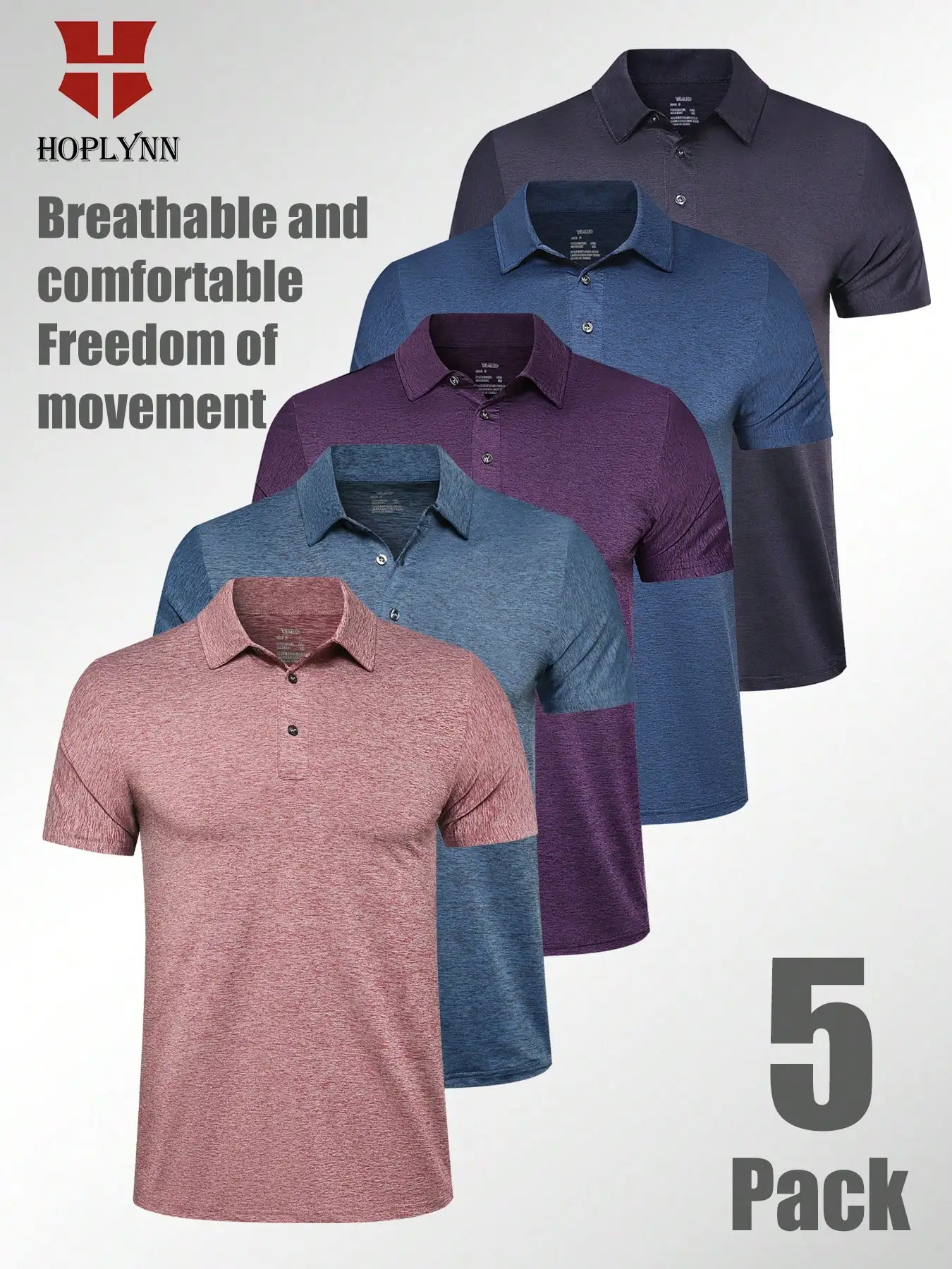 

5-Pack Men's Breathable Performance Polo Shirts, Short Sleeve, Moisture Wicking, Casual Athletic Fit