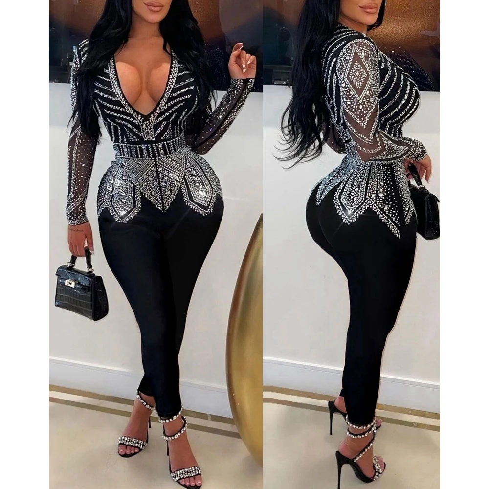 Women Rhinestone Decor Long Sleeve Deep V Neck Jumpsuit Party Female Sexy Skinny Overalls One-pieces Black Jumpsuit Outfits y2k