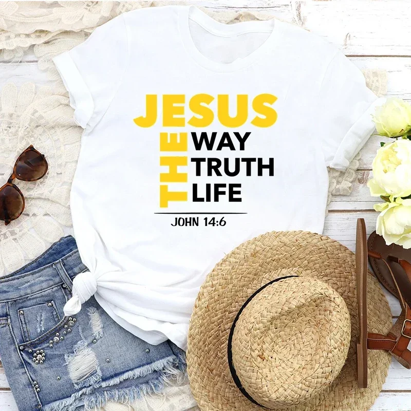 Jesus Way Truth Life Print New Women's T-Shirt Christian Religious Slogan and Shirts Believers Pray God Ladies Summer Clothes