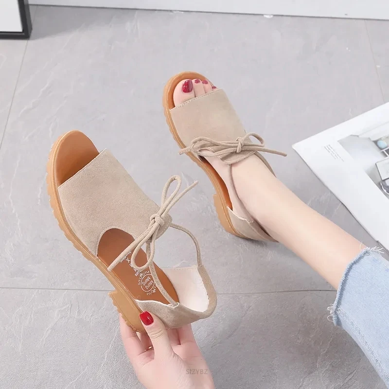 Peep Toe Square heel sandals women 2019 new summer shoes women Roman Simple Student flat Suede Riband Open toe Block Heel shoes