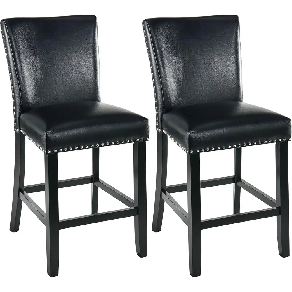 

Pair of 24 Leatherette Counter Height Kitchen Bar Stools with Upholstered Arms, Back Support, Nail-Trim, and Solid Wood Legs in