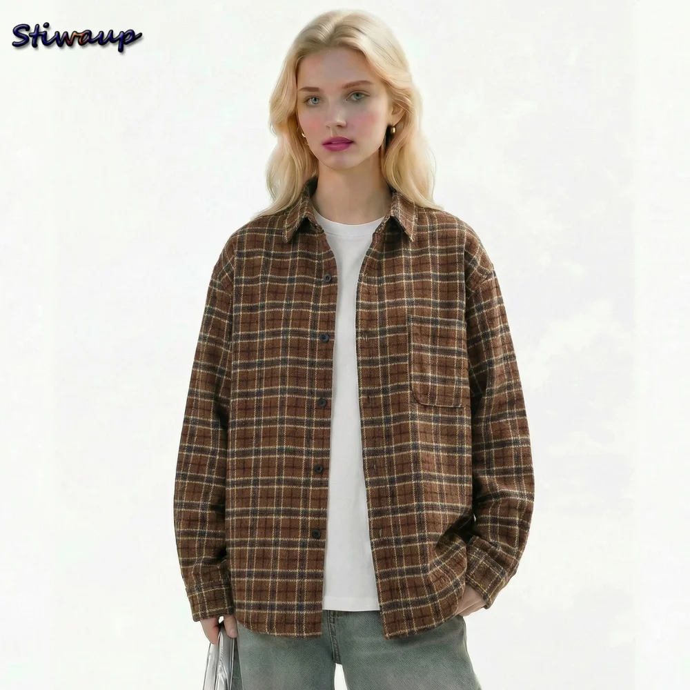 

Женская рубашка в клетку оверсайз в американском винтажном стиле, стильная повседневная свободная блузка унисекс с длинным рукавом, осенняя коллекция