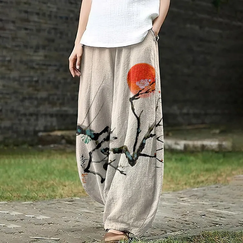Retro Ukiyo-e Line Wave Sea Turtle Japanese Art Print Casual Pants Harajuku Lantern Trousers Women's Boho Wide Leg Pants