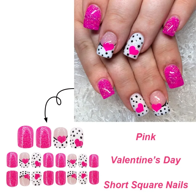 24 Pcs Ready-made Artificial Press on Nails for Women Polka Dot Heart Decorated False Nails Set Sweet Cute Cheap Glued Nail Tips