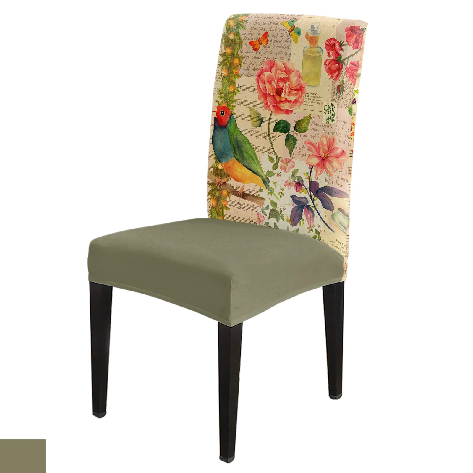 Vintage Newspaper Flower Bird Chair Cover for Dining Room Decor Spandex Chair Covers for Wedding Party Decoration