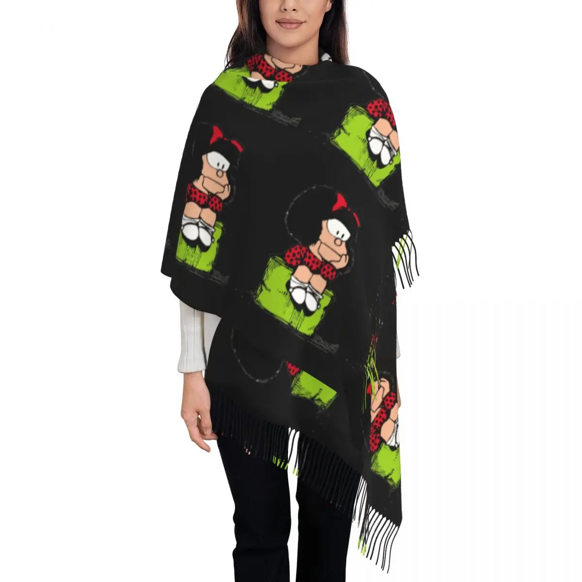 Custom Female Large Mafalda Thinking Scarves Women Winter Thick Warm Tassel Shawl Wrap Quino Comic Cartoon Scarf