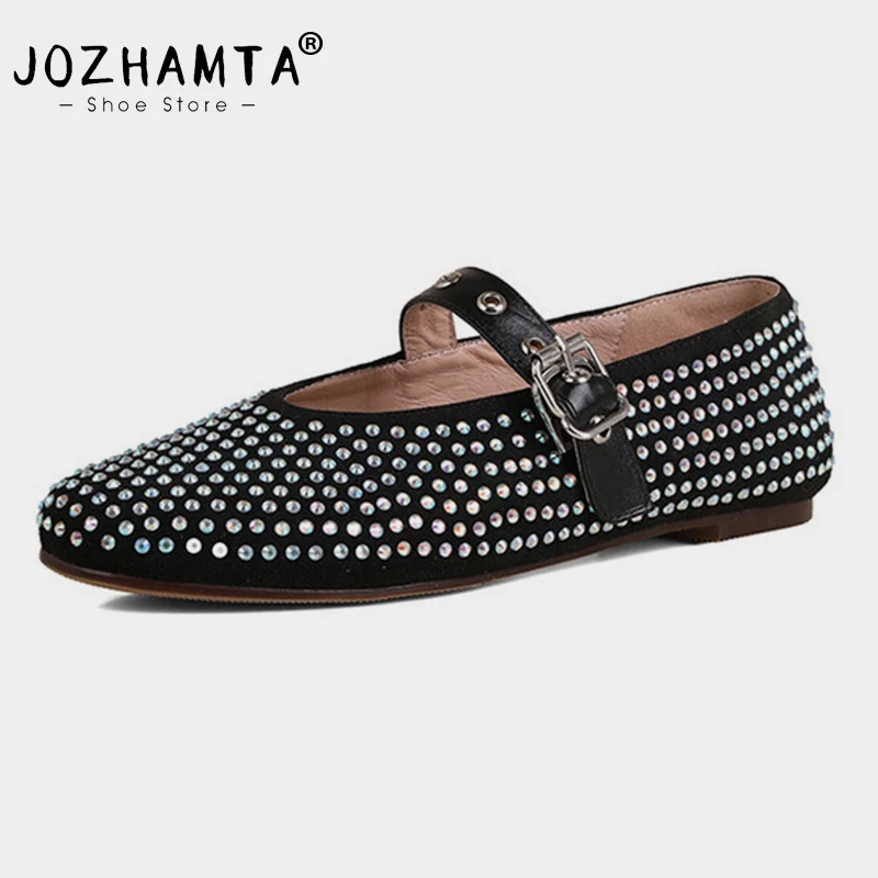 JOZHAMTA Size 34-43 Women Crystals Flats Shoes Real Leather Buckle Strap Chunky Low Heels Ballet Pumps Shoes Luxury Party Dress