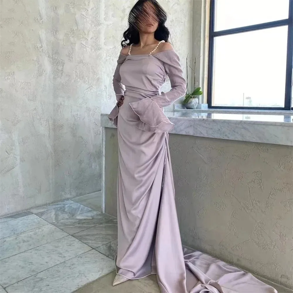 

Flora Dress Elegant Purple Satin Mermaid Prom Dresses Square Collar Party Evening Gowns Long Sleeves For Women فساتين السهرة