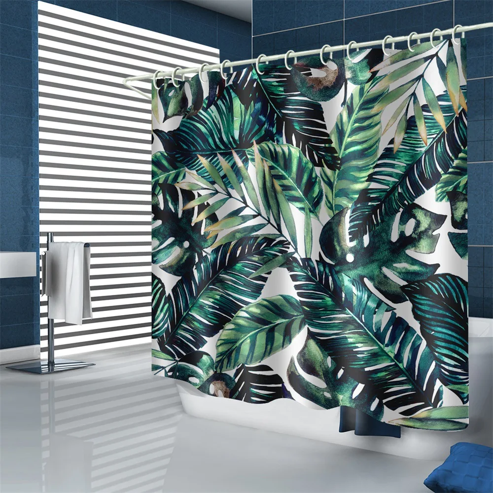 Tropical Green Plant Leaf Palm Cactus Shower Curtains Bathroom Curtain Frabic Waterproof Polyester Bathroom Curtain with 12Hooks