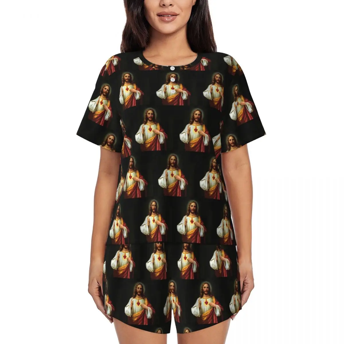 

Ночная рубашка с круглым вырезом и короткими рукавами с библейскими цитатами о Иисусе, женский свободный пижамный комплект с короткими штанами