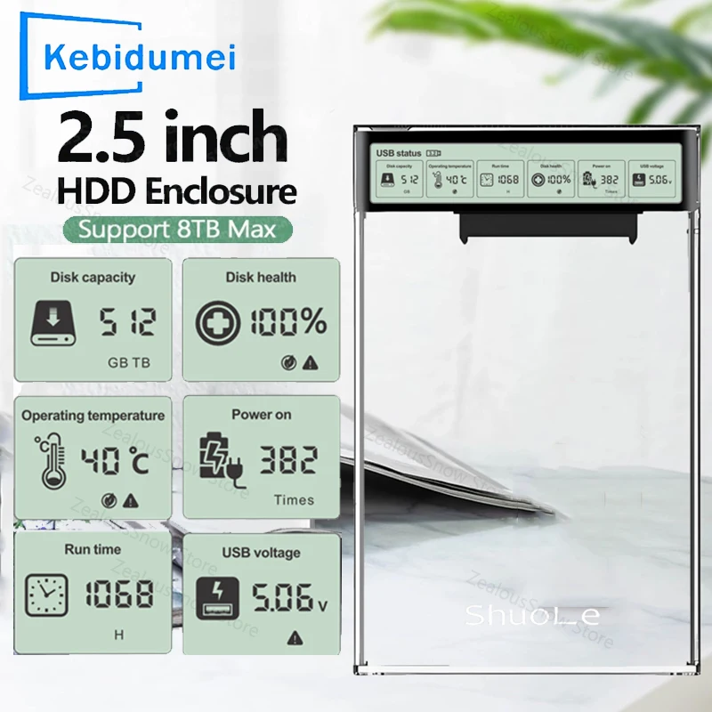 Smart Display 2.5'' HDD SSD Case USB3.2 Gen2 Clear External HDD Enclosure With 5Gbps Hard Drive Portable Storage Case for Laptop