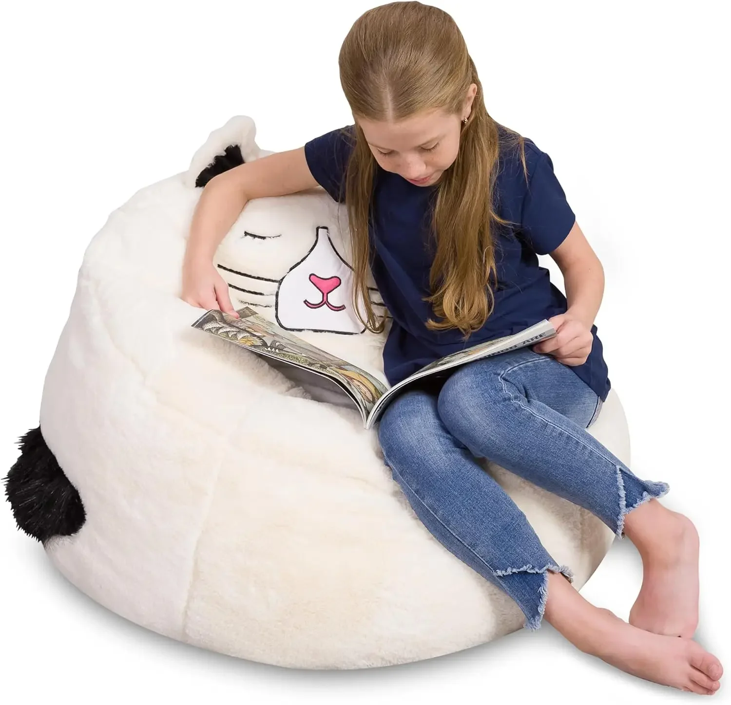 Creations Cute Soft and Comfy Bean Bag Chair for Kids, Large, Animal - Ivory Cat