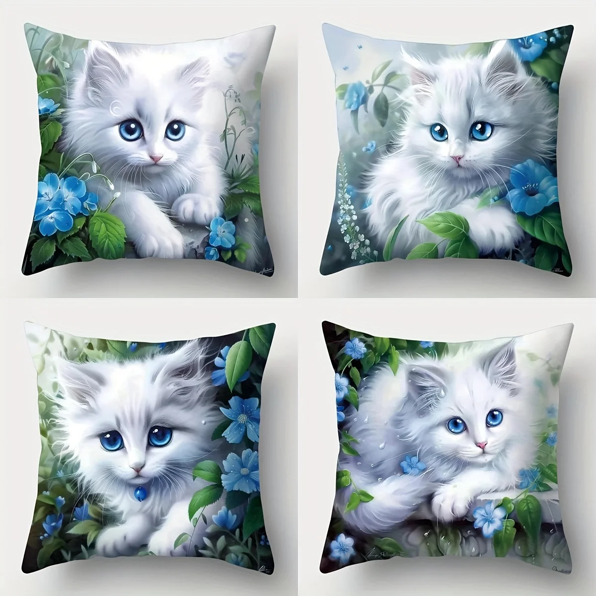 Cute Kitten Floral Pillow Cover Set 4 Pack Blue Flower Print Plush Throw Pillow Cushion for Nursery Room Decor