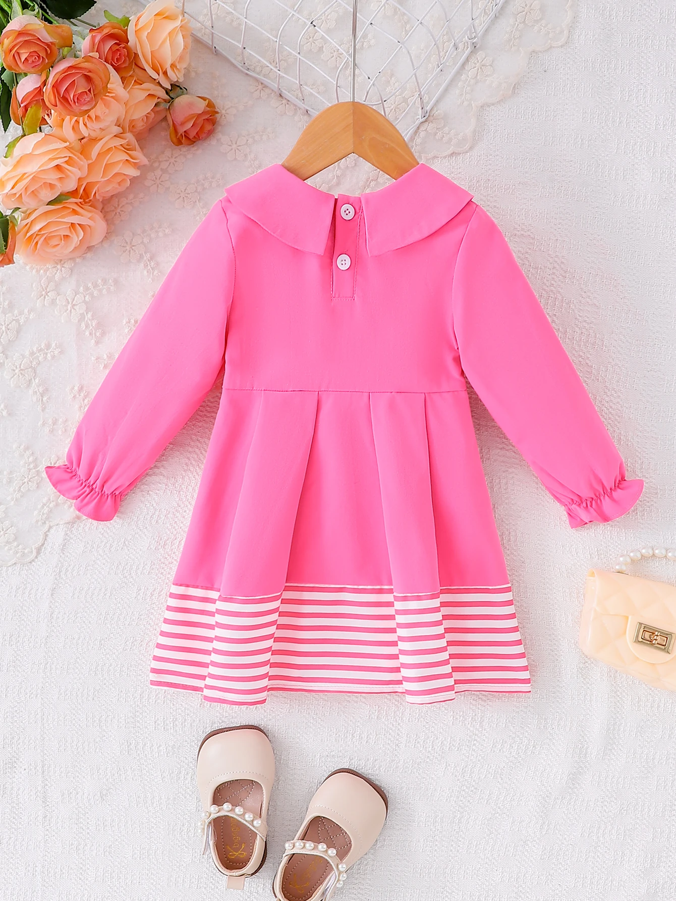 Girls Pink Navy Princess Dress Spring Autumn Sweet Style Faux Two-Piece Design with Large Bow Decoration Children's Clothing