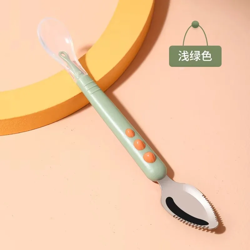 Double Head Baby Spoon Silicone Stainless Steel Fruit Scraping Mud Utensil Toddler Infant Food Eating Feeding Tableware for Chil