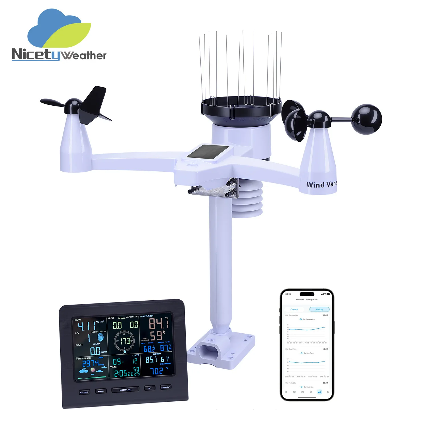 

Умная Wi-Fi метеостанция 7-в-1: мониторинг ветра, дождя, освещения, температуры и влажности | Электронные часы + прогноз погоды