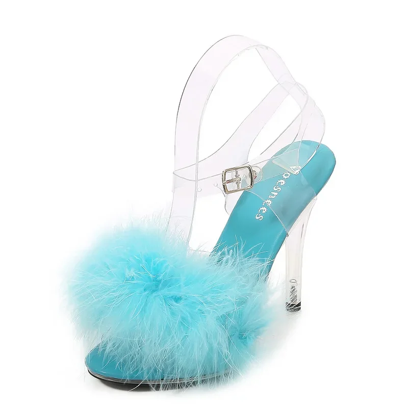 

Модные пикантные дизайнерские летние туфли на каблуке, женские сандалии на шпильке с открытым носком, пушистые сандалии на тонком высоком каблуке с ремешками, меховые сандалии на шнуровке