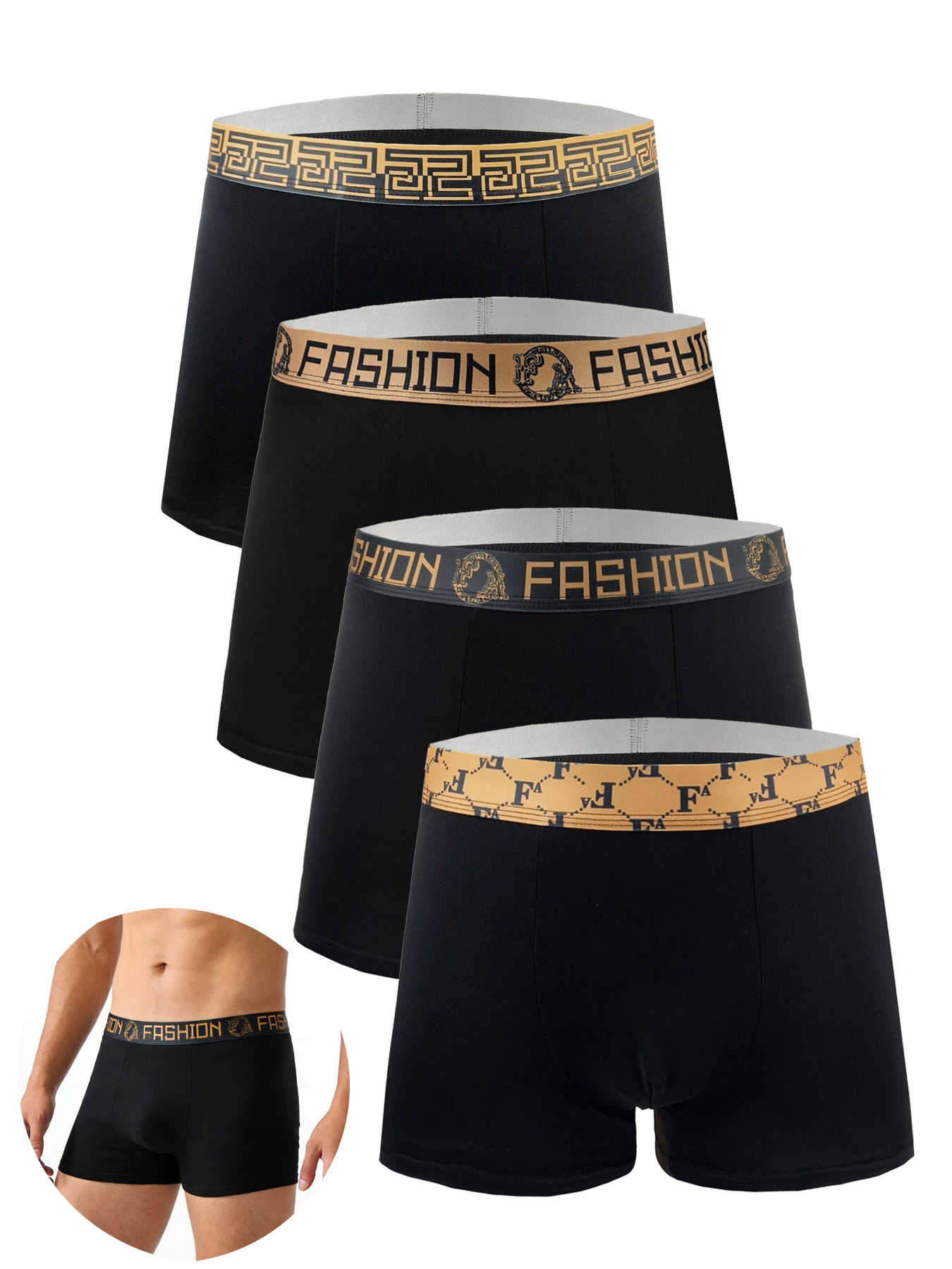 

【 4-piece Set 】 Trendy men's briefs with black and gold contrasting colors, elastic waist and comfortable breathable shorts