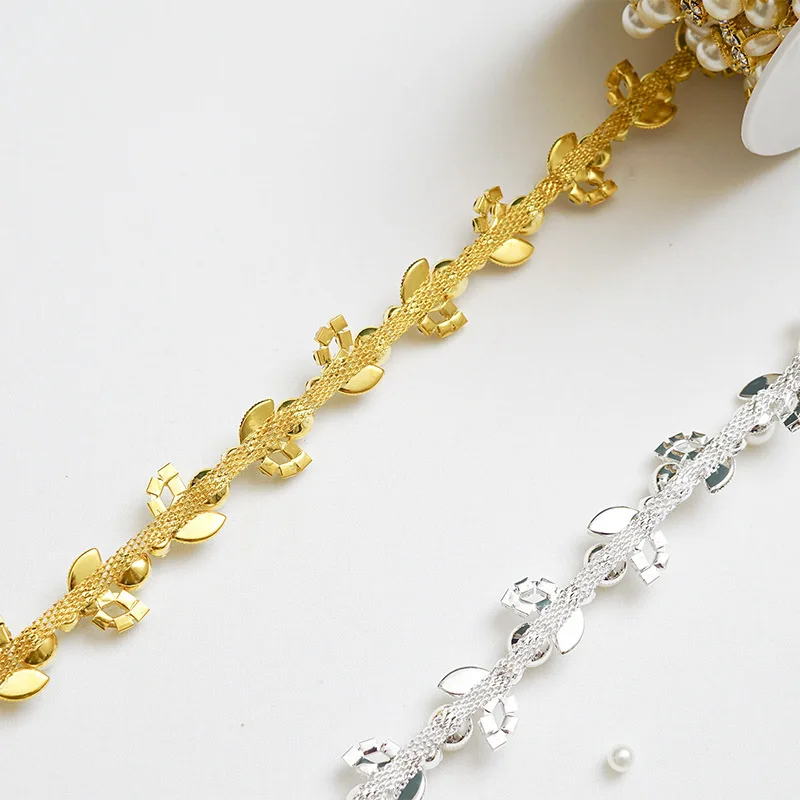 1 YARD rhinestone trim plating gold and silver crystal pearl webbing   Plat Silver Crystal Chain Decoration Wedding Dress Access