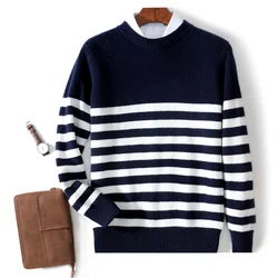 Suéter de lana merina 100% para hombre, jerseys gruesos de manga larga con cuello redondo, camisa de punto a rayas sueltas, Tops cálidos informales, Otoño e Invierno