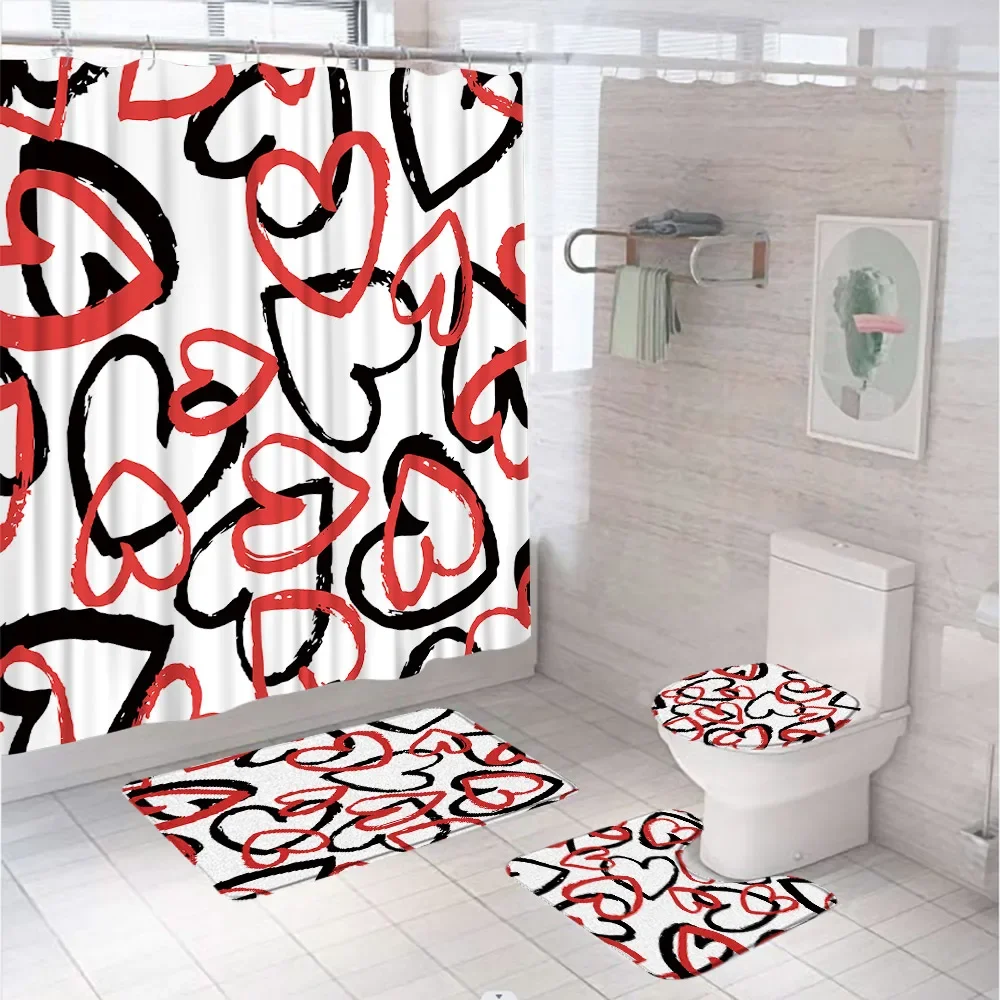 Love Flame Heart Shower Curtain Sets Valentine's Day Wedding Bathroom Curtains Home Decor Non-Slip Bath Mat Rug Toilet Lid Cover