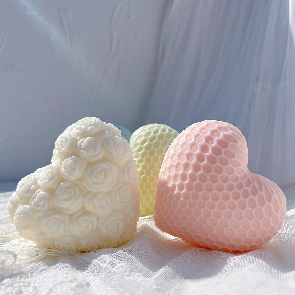 Honeycomb Standing Heart Shaped Candle Mold Valentine\'s Day Gift idea Rose Floral Silicone Mold Home Decor Wedding Gift