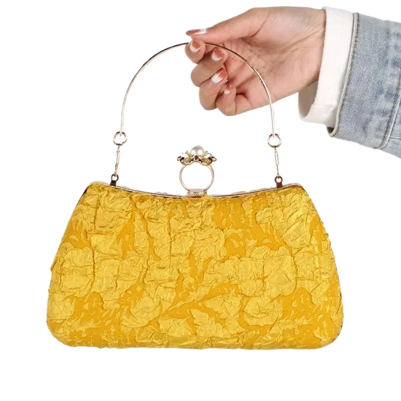 

Vintage Jacquard Clutch Bags Women's Retro Yellow Wedding Party Evening Handbag Elegant Pleated Purse with Removable Handle