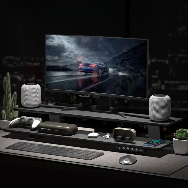 Wooden Monitor Holder with USB Extension Wireless Charging Monitors Riser Stand Desktop Computer Storage Bracket Monitor Base