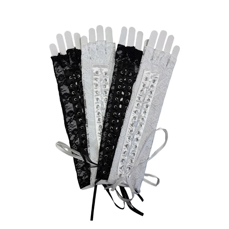 Damen Sexy Florale Spitzen-Handschuhe in Ellbogenlänge, Halbfinger-Handschuhe mit Schwarzen Bändern zum Binden, Tanz-Party Fingerlose Netz-Handschuhe – Detail 6