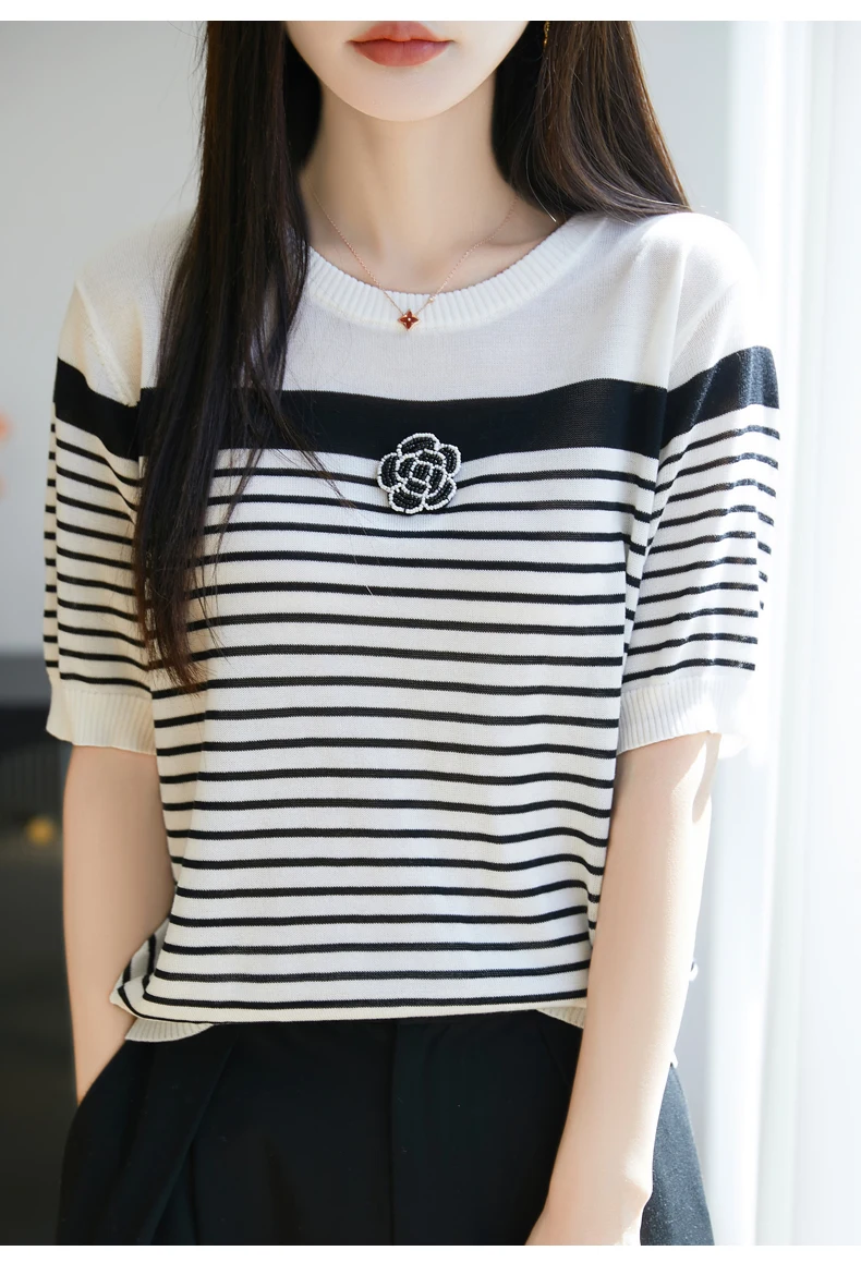 2025 verão listrado camisola de malha t feminino gelo seda flor miçangas moda solta topos malhas manga curta elegante jumpers