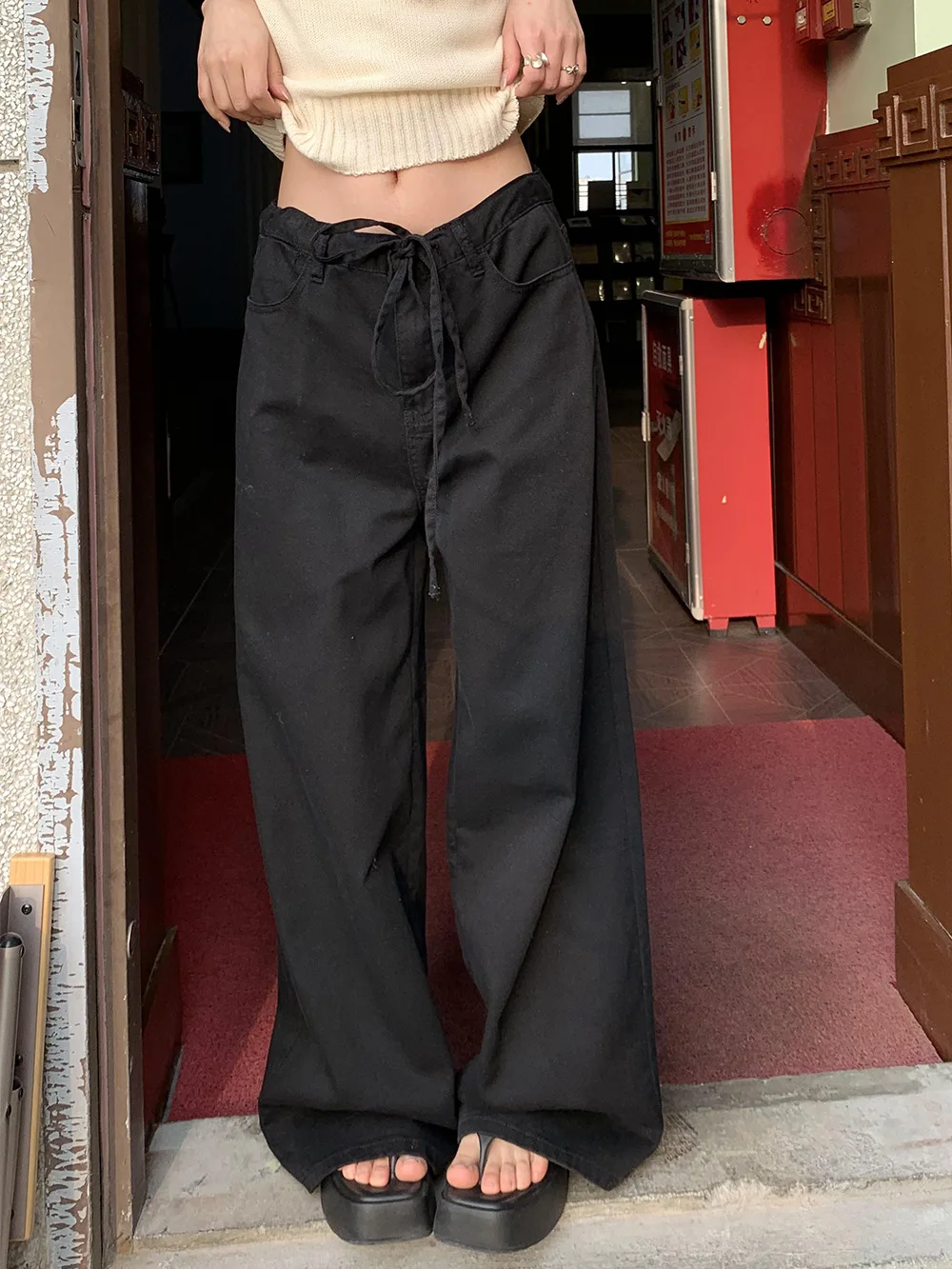 

Женские брюки Y2K на шнурке, весенние, в стиле лоу-эйр, свободные, универсальные, широкие джинсы