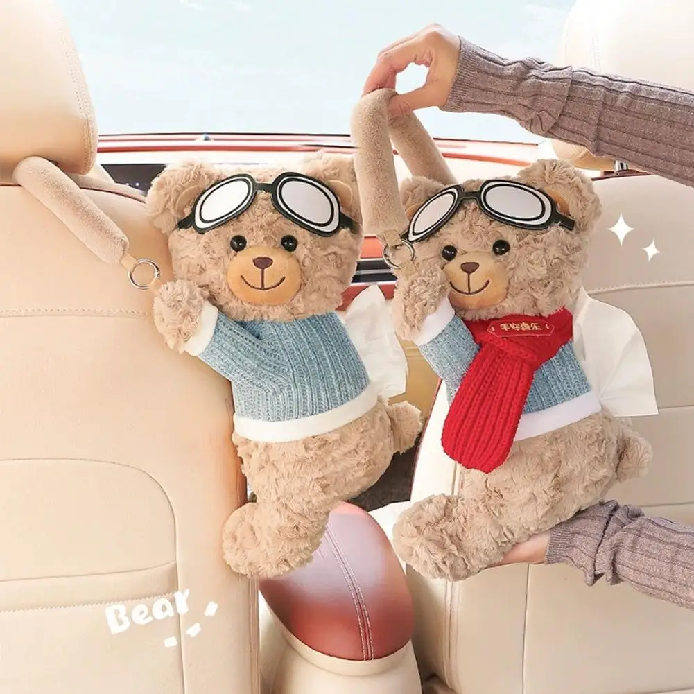 Cute Bear Car Tissue Box Holder Adjustable Hanging Strap Headrest Tissue Dispenser For Car Home Bedroom Decor Car Accessories