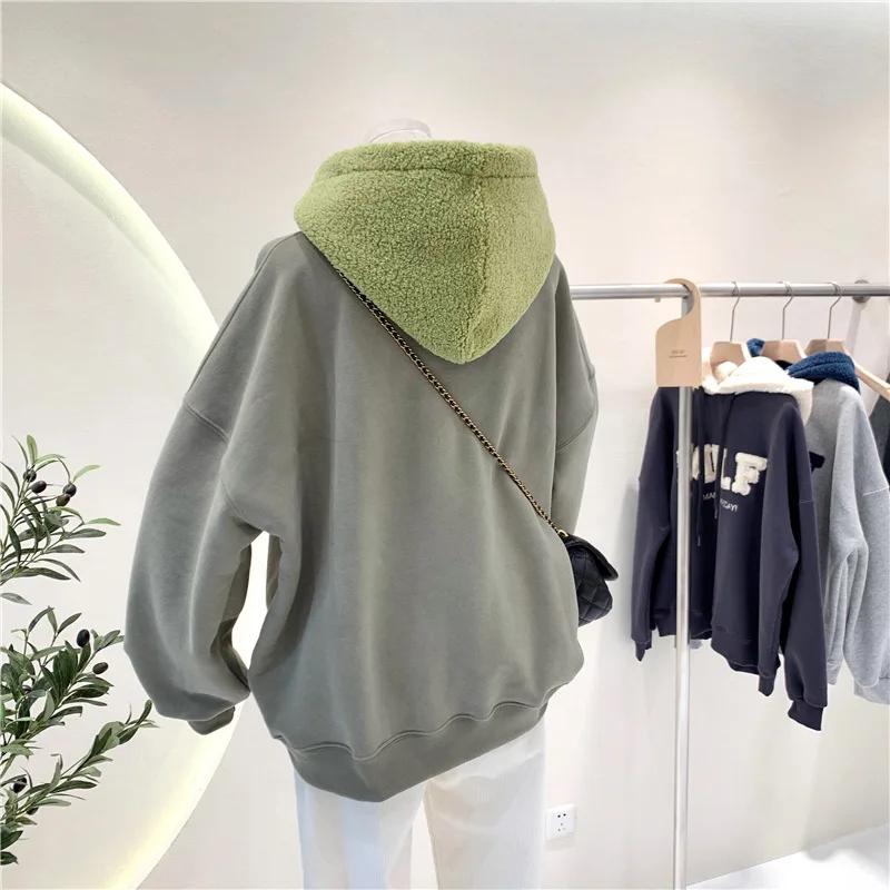 Moda retalhos oversize moletom feminino inverno casual solto algodão grosso carta manga longa hoodies feminino streetwear