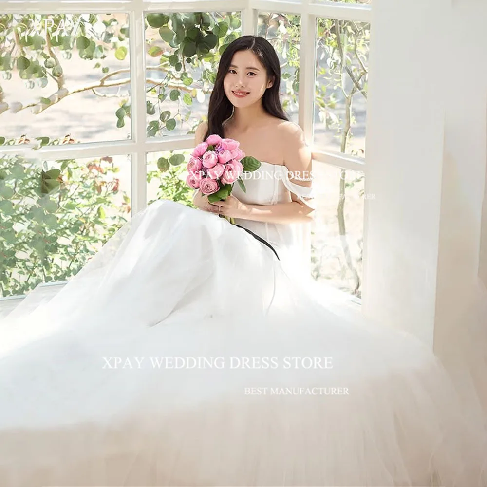 

XPAY Simple Pearl Off Shoulder Tulle Wedding Dresses Women Photo shoot Korea Bride Gowns Floor Length Formal Occasion Customized