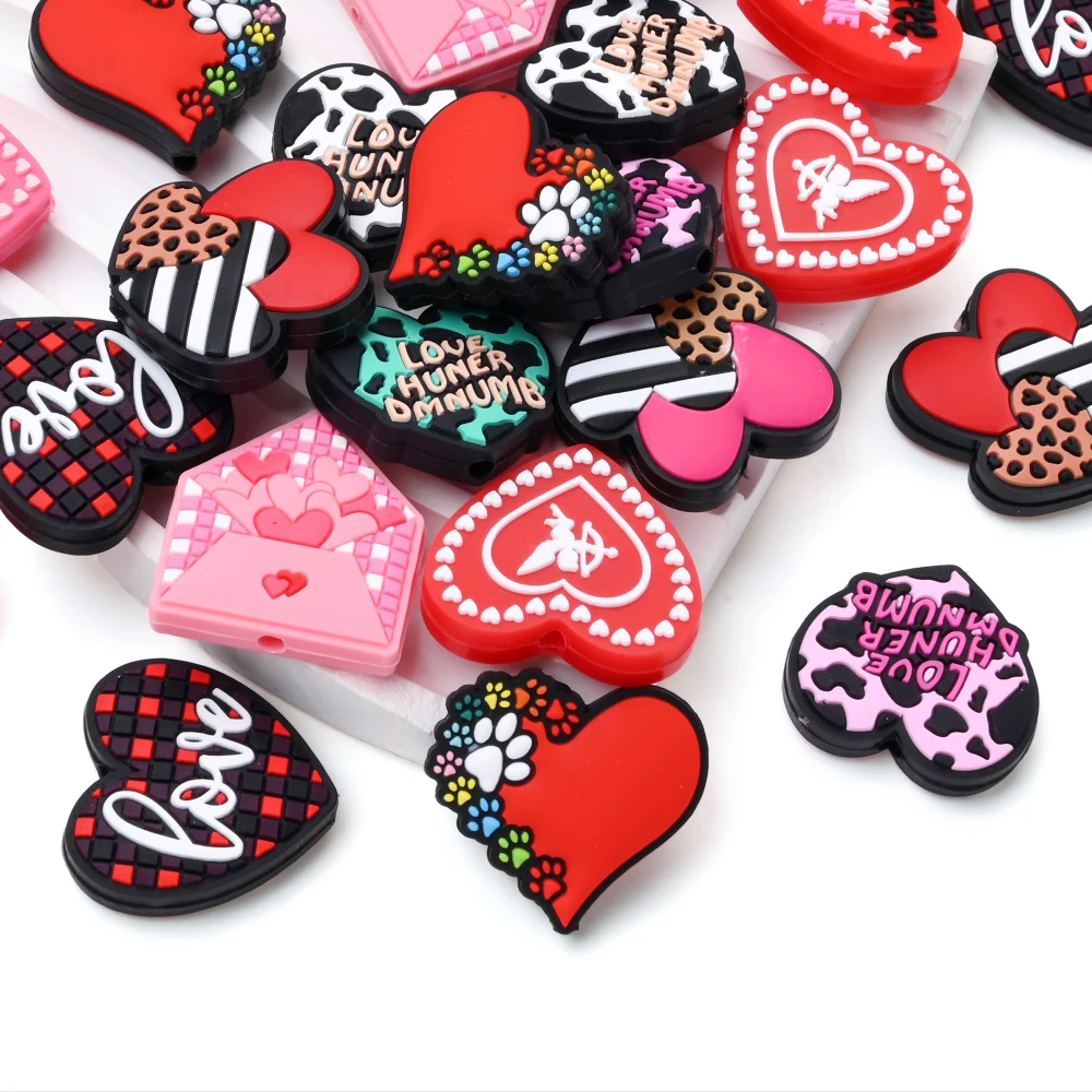 5Pcs Heart Shaped Silicone Focus Bead Baby Teether Bead For DIY Pacifier Chains Teether Bracelets Jewelry Making Accessories
