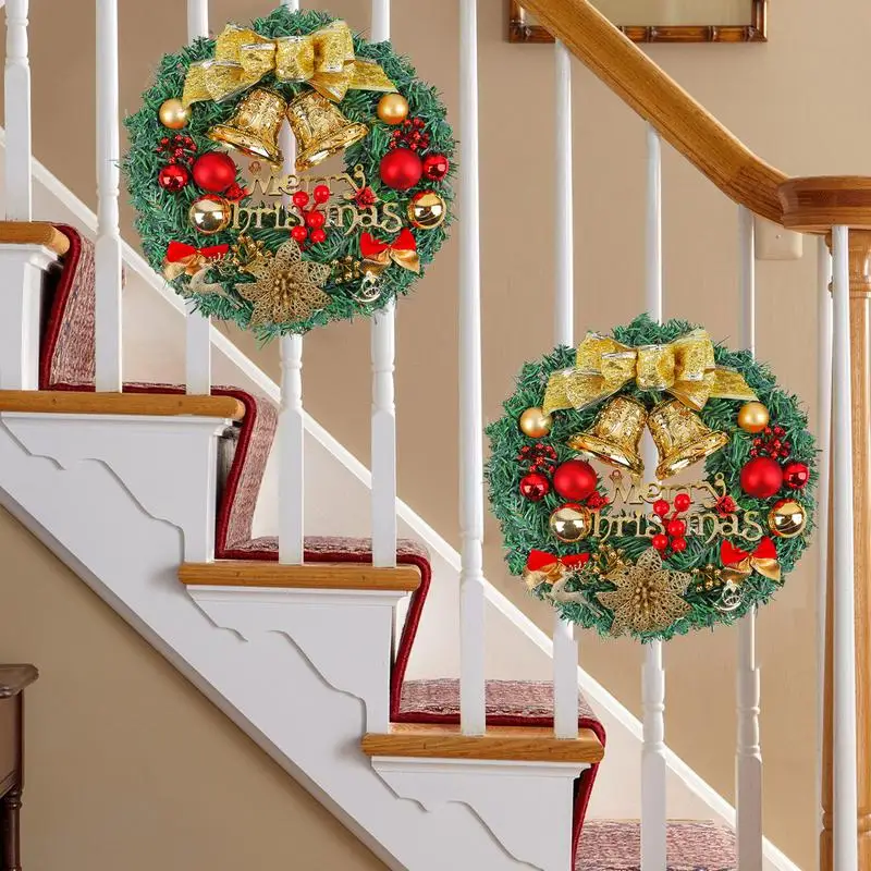 Christmas Wreath Front Door Artificial Wreath Decoration With Double Bell Artificial Holiday Wreath For Wall Living Room Bedroom