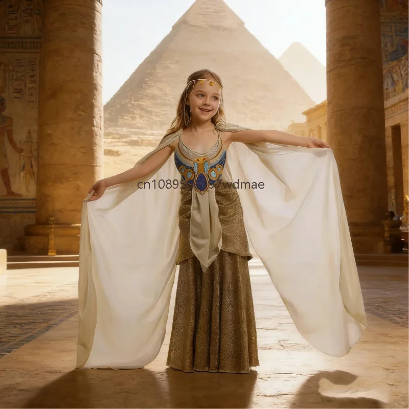 

Ancient Egyptian Pharaoh Costume Children Pyramid Theme Stage Dress Christmas Mythology Party Girls Princess Gown