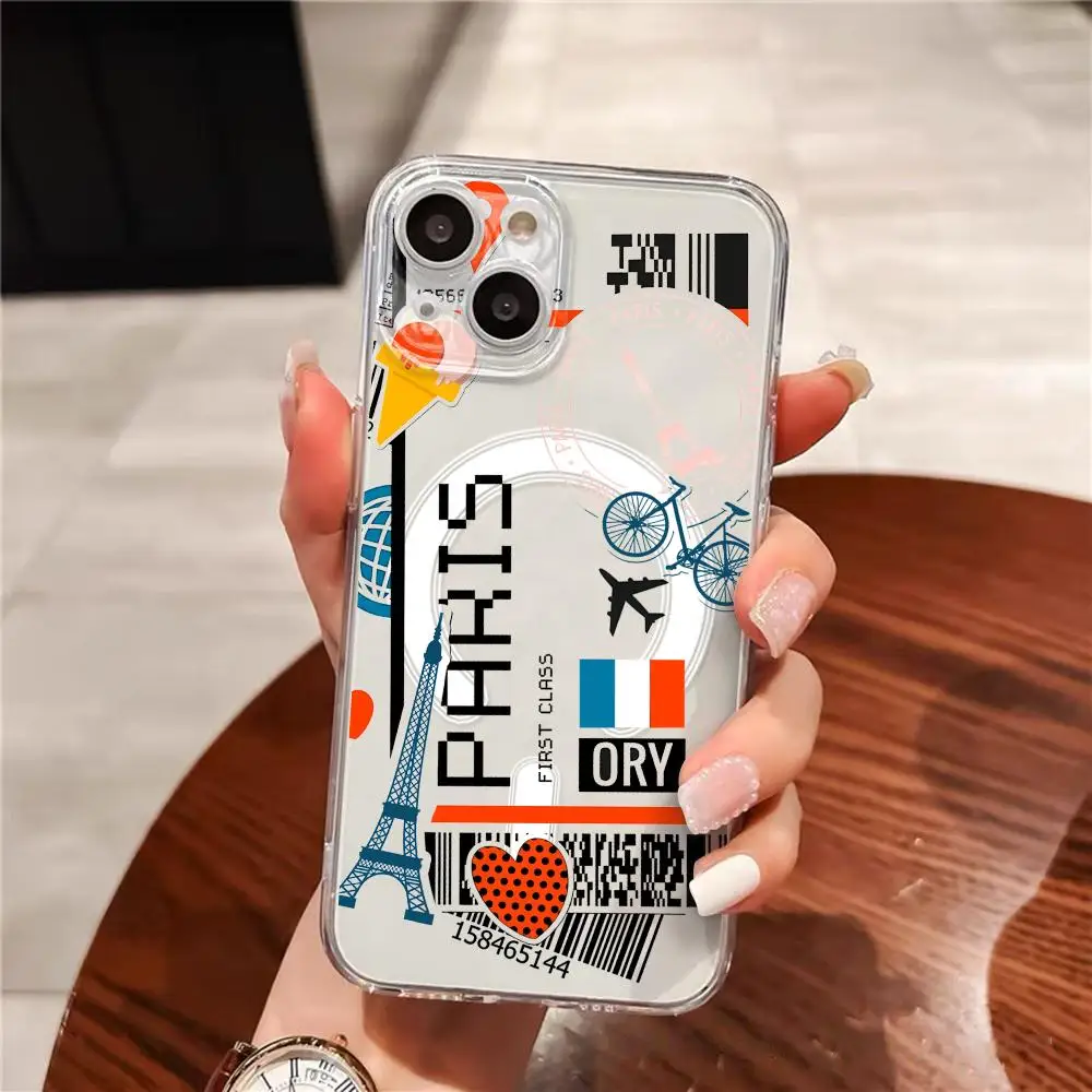 Plane Travel Ticket france Phone Case for iPhone 17 16 15 14 13 12 11 Pro Max Plus Clear Magnetic Shockproof Scratch-Resistant