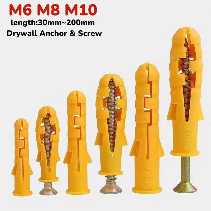 M6 M8 M10 Drywall Anchor & Screw Assortment,Ribbed Plastic Expansion Pipe Wall Anchors Philips Flat Head Screws