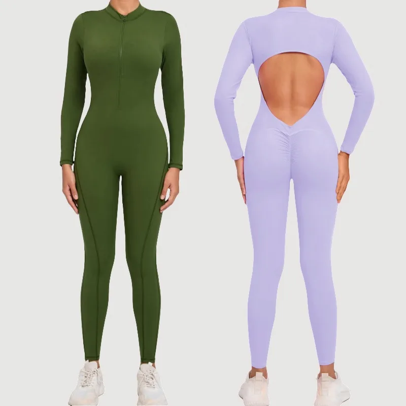 

Women's Seamless Yoga Bodysuit Long Sleeve Zipper & Back Cutout Naked Feeling Quick-Dry Running Fitness Workout Jumpsuit
